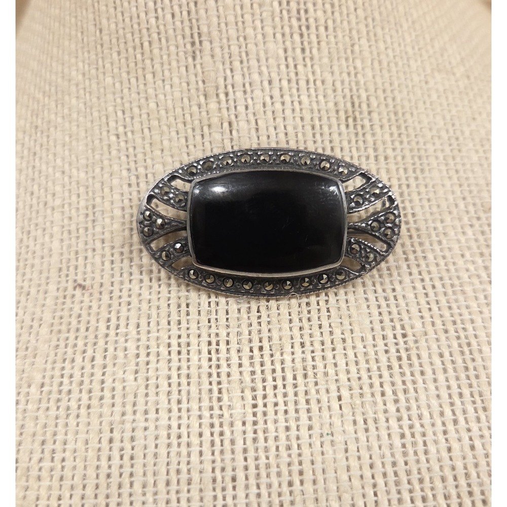 Unique‎ Sterling Silver, Black Onyx, & Marcasite Brooch 925